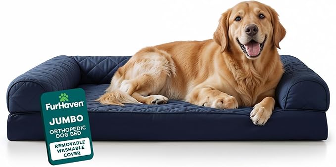Furhaven Orthopedic Dog Bed for Large Dogs w/ Removable Bolsters & Washable Cover, For Dogs Up to 95 lbs - Quilted Sofa - Navy (Blue), Jumbo/XL