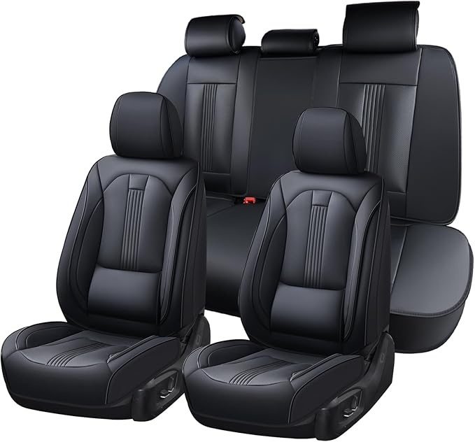 Huidasource Seat Covers, Car Seat Covers Nappa Leather with Lumbar Support, Side Elastic Fabric, Velcro Adjustable, Airbag, Ventilation Heating Child Seat Universal Fit for Most Cars SUV Trucks, Black