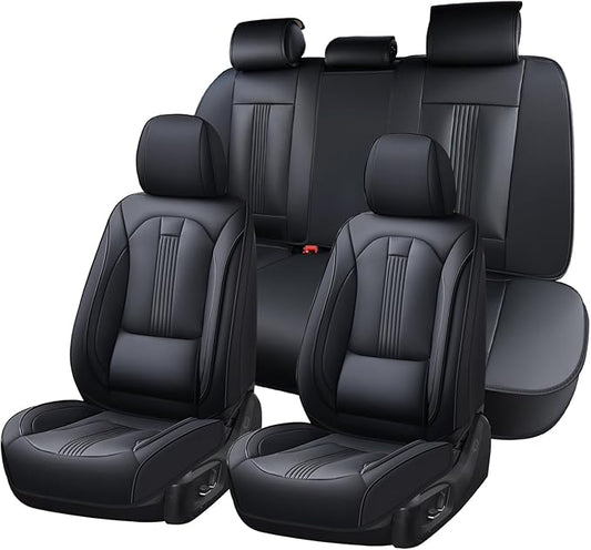 Huidasource Seat Covers, Car Seat Covers Nappa Leather with Lumbar Support, Side Elastic Fabric, Velcro Adjustable, Airbag, Ventilation Heating Child Seat Universal Fit for Most Cars SUV Trucks, Black