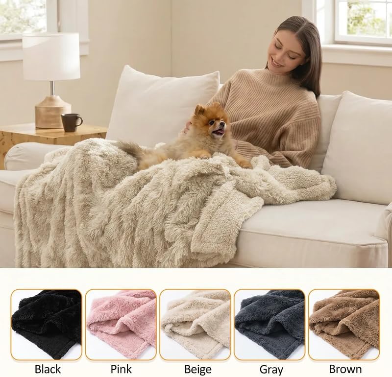 Waterproof Dog Blanket Pet Throw Blankets Fluffy Long Faux Fur Reversible Puppy Blankets 85x57in Furniture Protector Cover for Sofa Bed Couch Bed Cover Washable for Dogs Cats (Beige XL)