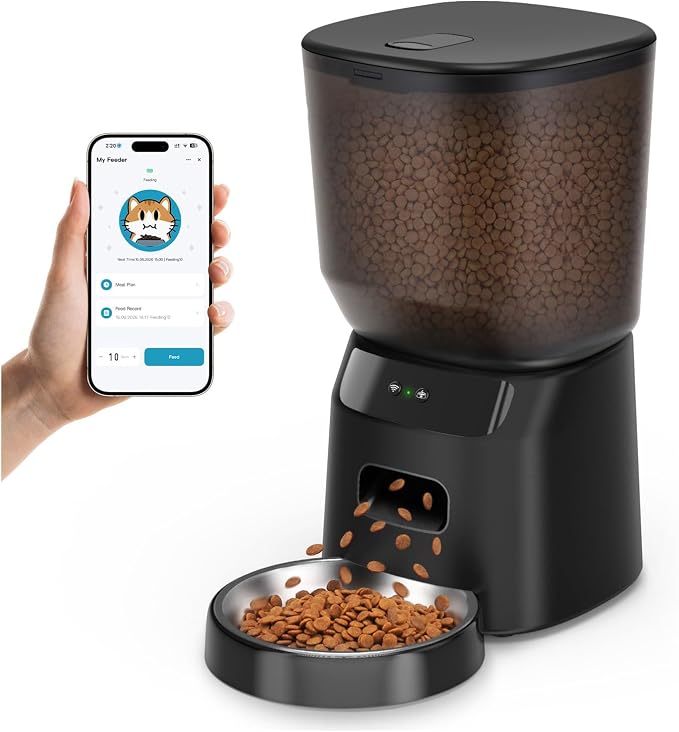 Automatic Cat Feeder WiFi, 5L Pet Feeder with App Control, 10 Meals Daily, 20 Portion Sizes, Timed Automatic Cat Food Dispenser, Stainless Steel Bowl, Dual Power Supply, Dry Food Feeder for Cats