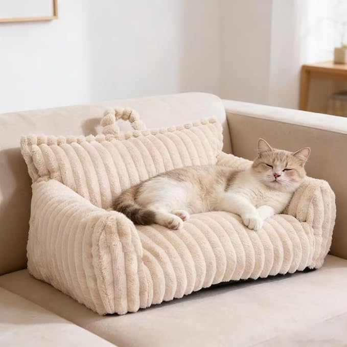 Luxury Plush Cat Couch Bed for Pets with Removable Washable Cover,Supportive Cat Sofa for Indoor Cats & Small Dogs,Plush Pet Couch with Handles (Beige, 24"x18"x10")