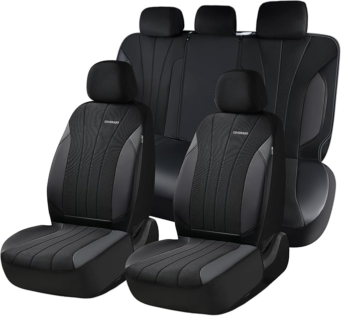 Coverado Car Seat Covers Full Set, Automotive Seat Covers 5-piece, Leather Car Protectors 5 Seats, Black Auto Seat Covers Spill-Proof Design Universal Fit for SUV, Vans, Sedan, Truck
