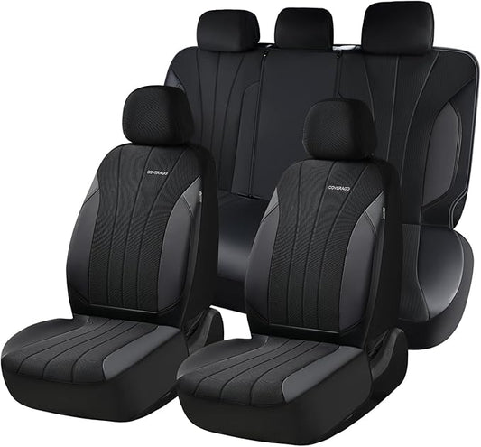 Coverado Car Seat Covers Full Set, Automotive Seat Covers 5-piece, Leather Car Protectors 5 Seats, Black Auto Seat Covers Spill-Proof Design Universal Fit for SUV, Vans, Sedan, Truck