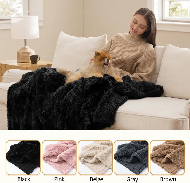 Waterproof Dog Blanket Pet Throw Blankets Fluffy Long Faux Fur Reversible Puppy Blankets 85x57in Furniture Protector Cover for Sofa Bed Couch Bed Cover Washable for Dogs Cats (Black XL)