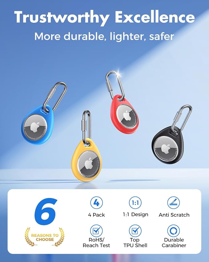UNBREAKcable for AirTag Holder Case with Professional Carabiner, 4 Pack | Waterproof, Shockproof, Hold Securely, Easy to Install, Protective AirTag Keychain for Keys, Pets, Luggage-4 Colors