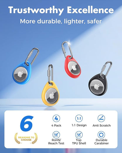 UNBREAKcable for AirTag Holder Case with Professional Carabiner, 4 Pack | Waterproof, Shockproof, Hold Securely, Easy to Install, Protective AirTag Keychain for Keys, Pets, Luggage-4 Colors