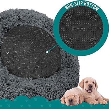 PetAmi Calming Donut Dog Bed, Washable Faux Fur, 30 Inch Medium, Grey