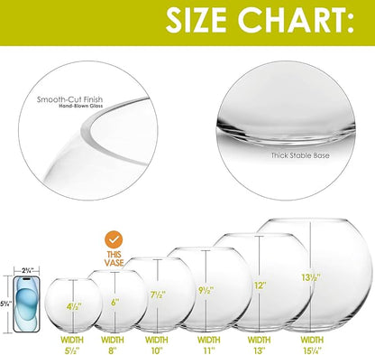 CYS EXCEL Glass Bubble Bowl (H-6" W-8", Approx. 3/4 Gal.) Small Fish Bowl Round Terrarium Vase Globe Flower Centerpiece for Weddings Events Arrangements