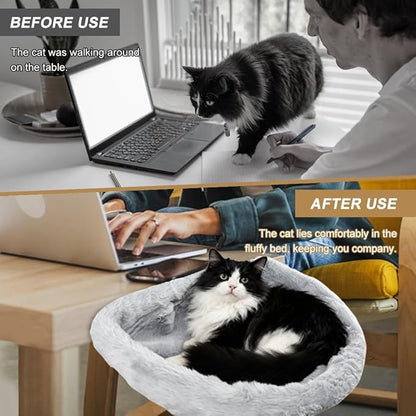 Cat Desk Bed for Remote Workers, 90° Foldable Washable Plush Cover Desk Perch Clamp, Sturdy Desktop Suspended Cat's Bed for Gaming Desks, Home Office, Maximum Hold Up to 40lb, Space-Saving