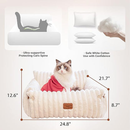 CHEERPALS Cat Couch Bed for Indoor Cats Fluffy Cat Sofa Recliner with Removable Washable Cover Cute Pet Lounge Suitable for Puppy Kitten (Off-White)