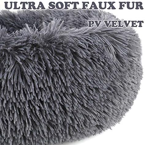 otoez Round Donut Dog Bed for Small Dogs, Washable Cat Calming Bed Cuddler Anti Anxiety Fluffy Plush Dog Cat Bed with Non-Slip Waterproof Bottom (23.6", Dark Grey)