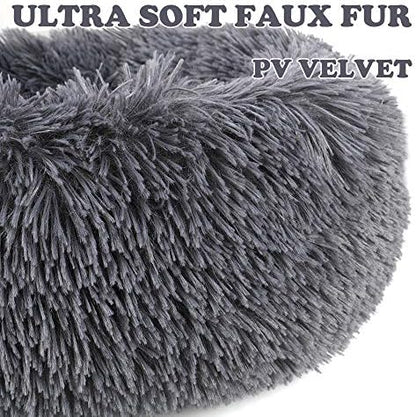 otoez Round Donut Dog Bed for Small Dogs, Washable Cat Calming Bed Cuddler Anti Anxiety Fluffy Plush Dog Cat Bed with Non-Slip Waterproof Bottom (23.6", Dark Grey)