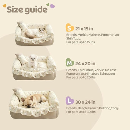 Jiupety Cat Bed for Indoor Cats Dog Beds for Small Dogs Removable Washable Small Dog Beds Pet Beds with Slip-Resistant Bottom Ruffled Puppy Beds with Pillow,Beige 24"x20"