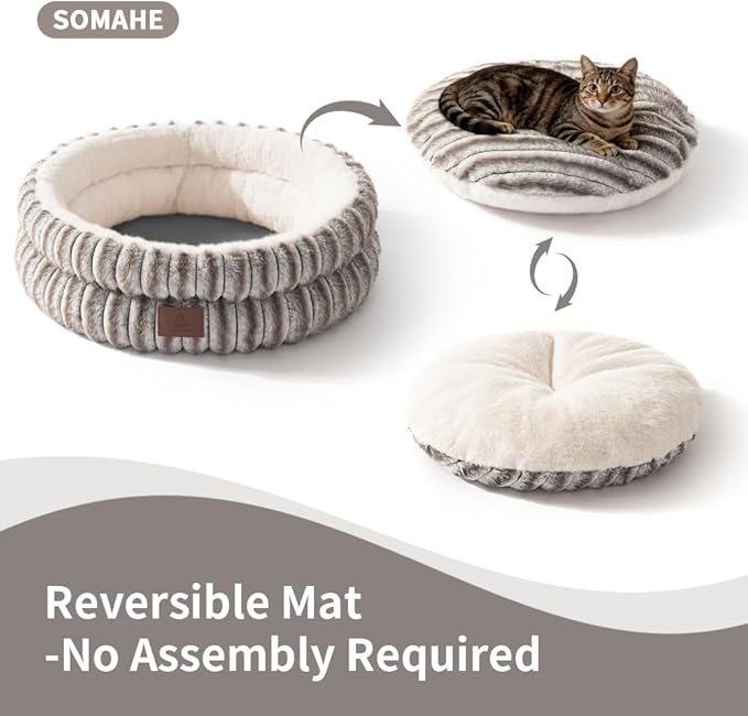 Cat Bed, Round Plush Faux Fur Donut Cuddler – Machine Washable Calming Cat Bed for Indoor Cats & Kittens, Removable Cushion Non-Slip Fluffy Kitten Bed, Cozy Small Cat Nest, 20" Inch Coffee