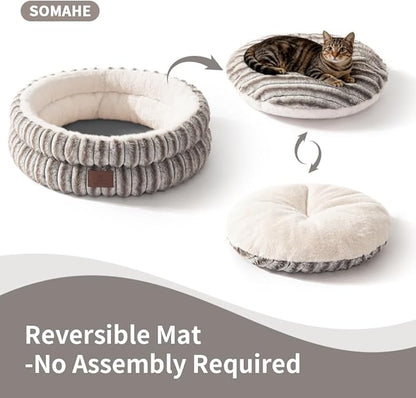 Cat Bed, Round Plush Faux Fur Donut Cuddler – Machine Washable Calming Cat Bed for Indoor Cats & Kittens, Removable Cushion Non-Slip Fluffy Kitten Bed, Cozy Small Cat Nest, 20" Inch Coffee