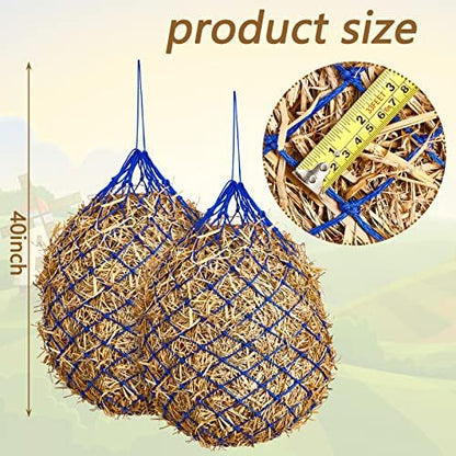 Fabbay 4 Pcs Slow Feed Hay Net Feeder Hay Bag for Horses Slow Feeder 40 Inch Length with 2 Inch Holes Hanging Horse Feed Net for Goat Cattle Equine Stalls Barn Supplies(Blue)