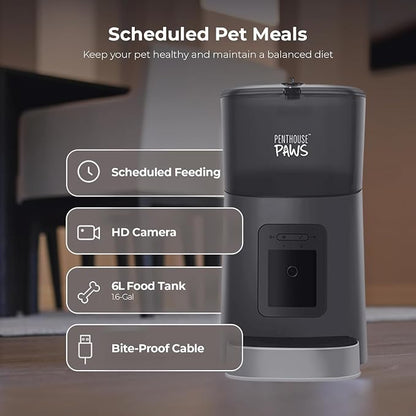 Smart HD Pet Feeder, 6L Dry Food Capacity, 1080p Camera, 2-Way Audio, Scheduled Meals, Backup Power, Easy to Clean, Anti-Jam Design for Cat & Dog, Black/Stainless Steel