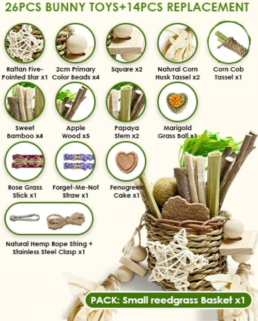 26Pcs Bunny Toys Basket for Small Pets, with 14Pcs Replacement Rabbit Toys for Bunnies Boredom Set Hanging Rodent Dental Toy with Papaya Stems Sweet Bamboo Hamsters, Chinchillas, Guinea Pigs