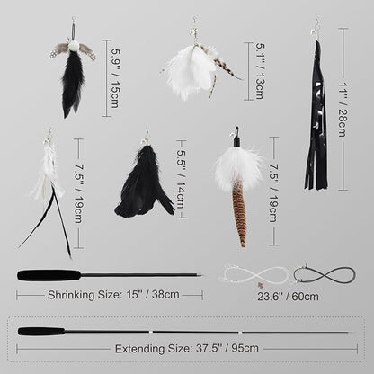 SONGWAY Cat Wand Toys for Indoor Cats - Cat Toy Set with Retractable Teaser Wand and 6 PCS Feather Toy Refills, Dragonfly Tassel Cat Toys Interactive, Black