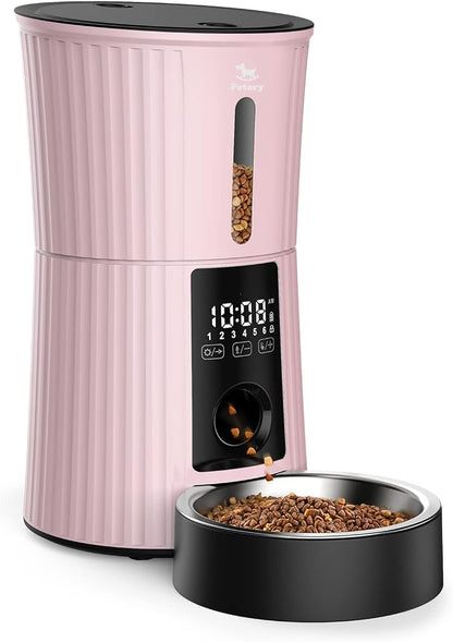Timed Automatic Cat Feeder - 4L Dry Food Dispenser for Cats and Dogs | Programmable Portion Control, 6 Meals Daily, Dual Power Supply, 10-Second Voice Recorder, with Desiccant Bag, Pink