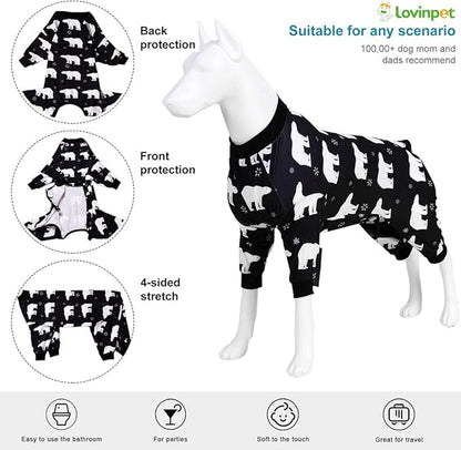 LovinPet Large Dog Onesie, Stretch Cotton Pet Shirts with Animal Print, Full Coverage Dog Clothing Perfect to Prevent Licking Wounds After Surgery for Medium & Large Dogs, Black M