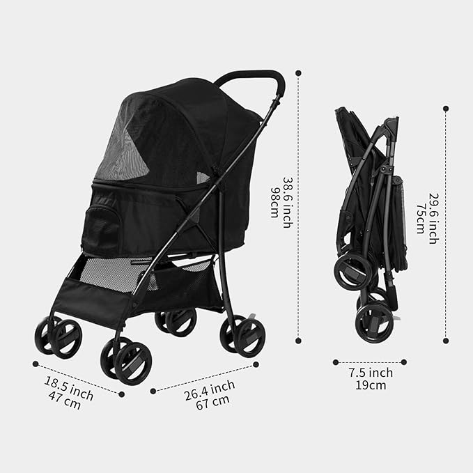 4 Wheels Pet Stroller,Easy-Foldable Dog Cat Cage Jogger Stroller with Weather Cover for All-Season,Storage Basket and Visible Mesh for Small/Medium Pets up to 33lbs (Black)