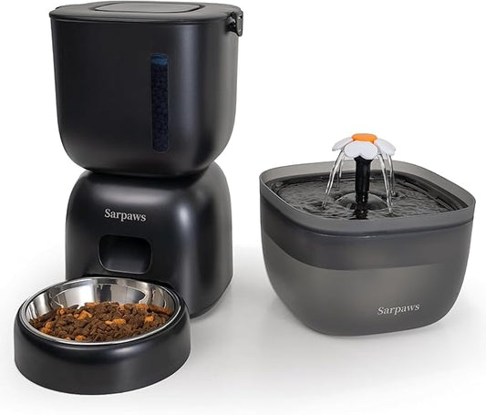 Automatic Cat Feeder and Water Dispenser FW1, Wire or Battery Cat Food Dispenser Timer Pet Feeder - Locking Lid, Desiccant Bag, Programmable Portion Control, 4 Daily Meals, 10s Voice Recorder