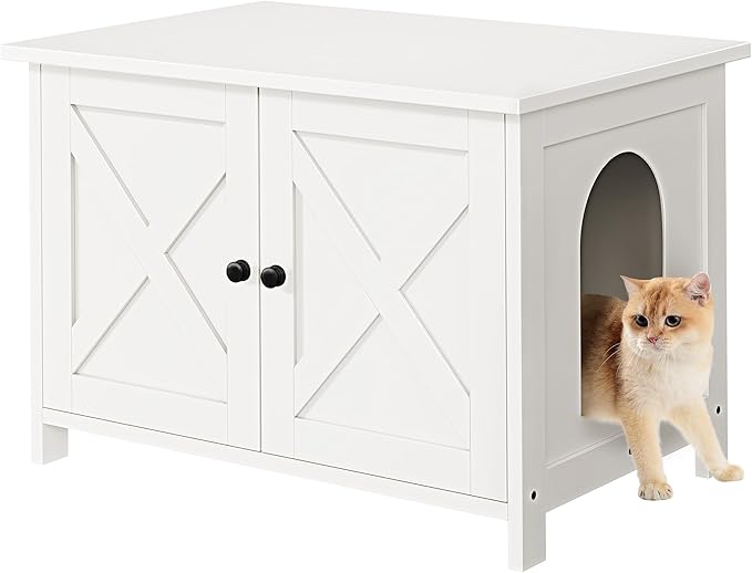 Shintenchi Cat Littler Box Enclosure, Litter Box Furniture Hidden with Removable Divider, Cat House with End Table, White, 31.5 inch
