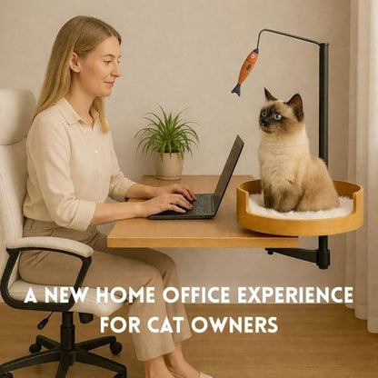 Cat Desk Bed with Fish Toy, Cat Bed for Desk, 360° Rotating & Height Adjustable Cats Hammock, Raised Cats Beds Hammock, Pet Office Chair Attachment