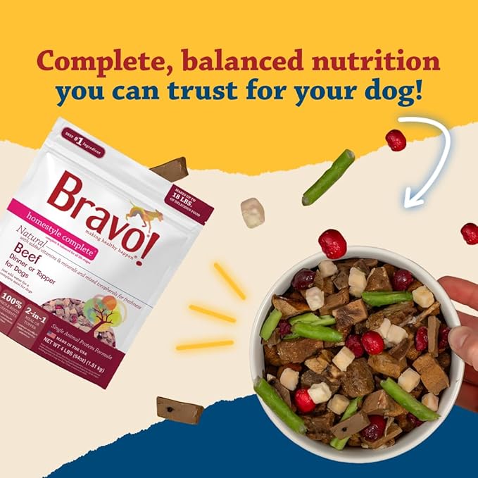 Bravo! Homestyle Complete Freeze Dried Raw Dog Food or Topper, Beef, 4 Pounds, Add Water to Rehydrate for up to 18 Pounds of Food, Grain Free, Gluten Free