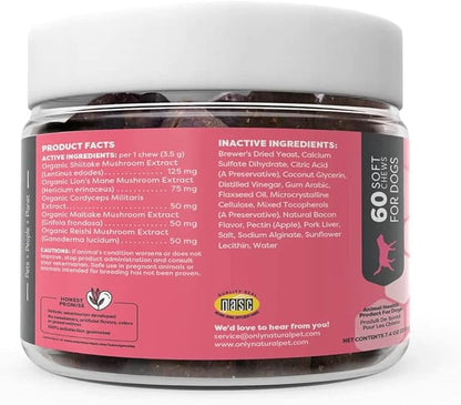 Only Natural Pet Mushroom Blend Immune System Support Supplement for Dogs - Boost Healthy Cellular, Digestive, & Liver Function - Multivitamin Beta-Glucan & Antioxidant - Bacon Flavor 60 Soft Chews