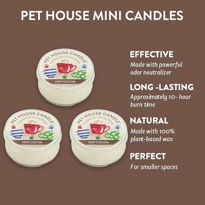 Pet House Mini Candles for Pet Odor Made with Natural Soy Wax, Plant Based, Dog and Cat Friendly Scented Candles, Hot Cocoa Pack of 3