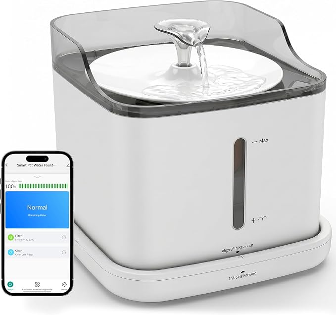 Cat Water Fountain, 2.2L Automatic Pet Water Fountain for Cats and Small Dogs, 2.4GHz WiFi App Control, Rechargeable Motion Sensor, 3 Water Modes, Detachable Tank, White