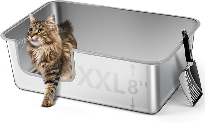Stainless Steel Cat Litter Box, 23.6" L x 15.7" W x 8" H XXL Extra Large Semi Enclosed Removable Metal Litter Tray with High Sided Enclosure, Scoop, Anti-Leakage, Non-Sticky, Easy Cleaning