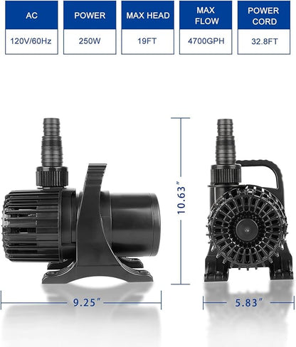 OYO WATER Outdoor Large 4700gph-250W 32.8FT Pond Water-fall & Kio Fish Fountain-s &Garden Pump Submersible IPX8: Long 32.8FT Cord Smart-er & Quieter Duck & Yard& Patio Ponds Pumps, 1 Barrier Pump Bag