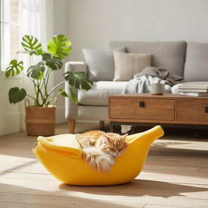 Banana Cat Bed for Cats & Small Dogs – Funny Yellow Plush Pet Cave, Indoor Hideaway for Kittens, Puppies, and Small Pets