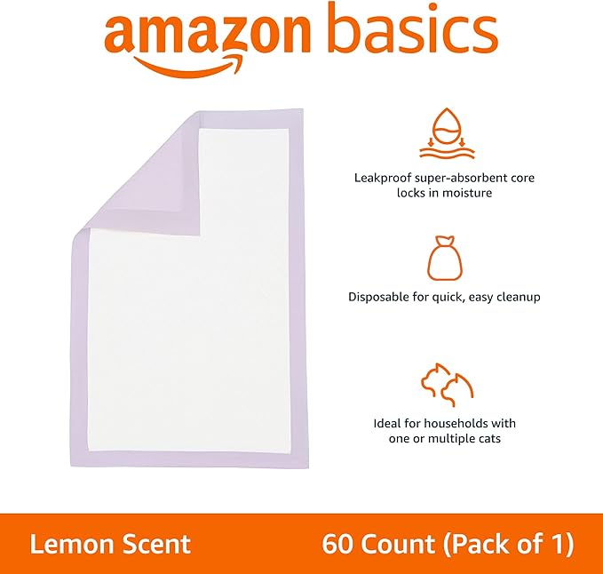 Amazon Basics Cat Pee Pads, Odor Control, Super Absorbent, Disposable, Universal Fit for Litter Box, Lemon Scent, White/Purple, 60 Count