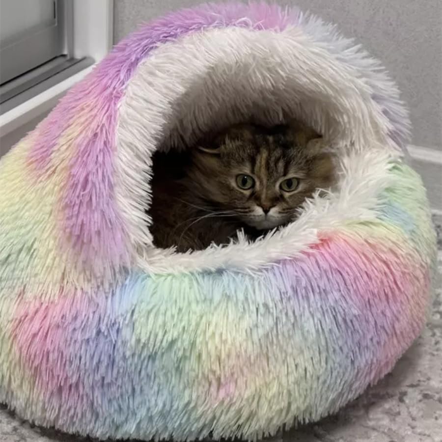 Round Fluffy Hooded Cat Bed Cave, Anti-Anxiety Cave Bed with Blanket