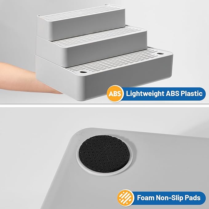 Adjustable Cat Litter Box Steps, 3-Step Non-Slip Ramp for Kittens Senior Cats Small Cats, Detachable Litter Catcher Tray, Fit Automatic Litter Boxes, Easy Clean, 13.5"x9"x7" (Light Grey)