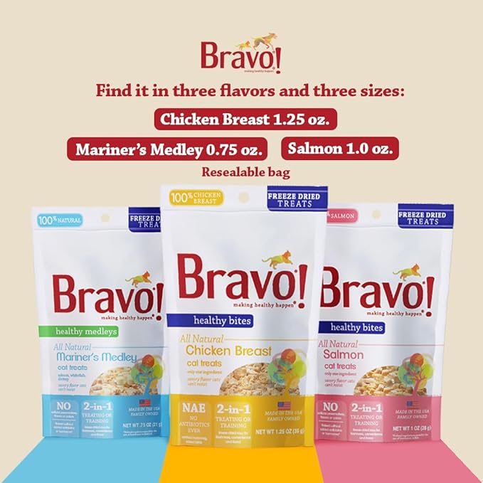 Bravo! Healthy Medleys Mariner's Medley Freeze Dried Cat Treats, Salmon, Whitefish and Shrimp, 0.75 Ounce, Grain Free, Gluten Free