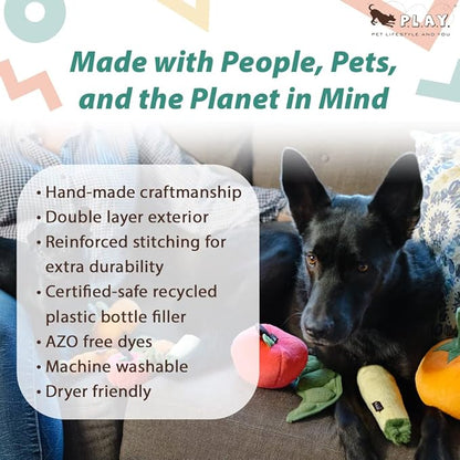 P.L.A.Y. Cute Plush Dog Toys - Fruit & Vegetable Themed Durable Squeaker Chew Toy, Great for Puppies & Small, Medium, Large Dogs - Machine Washable, Recycled Materials (Garden Fresh Peapod, X-Small)