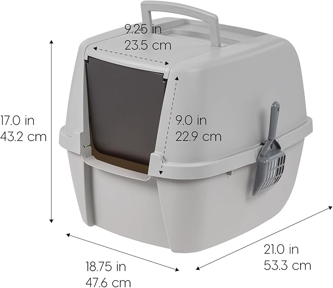 IRIS USA Large Cat Litter Box with Front Door Flap, Covered Enclosed Litter Box Enclosure with Scoop, Handle & Buckles for Portability & Privacy, Hidden Litter Pan, Gray