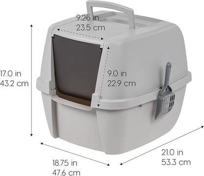 IRIS USA Large Cat Litter Box with Front Door Flap, Covered Enclosed Litter Box Enclosure with Scoop, Handle & Buckles for Portability & Privacy, Hidden Litter Pan, Gray