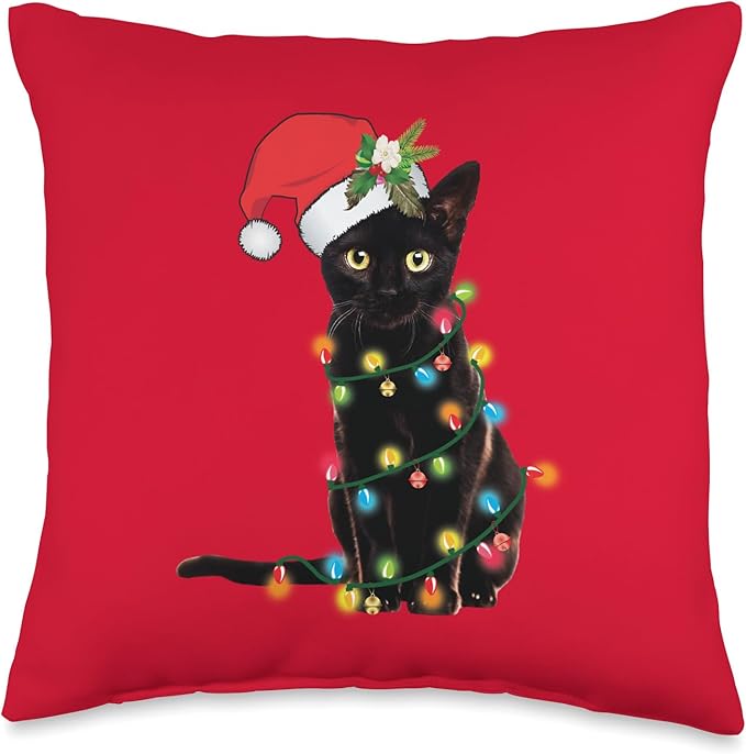 Santa Black Cat Tangled Up in Christmas Tree Lights Holiday Throw Pillow