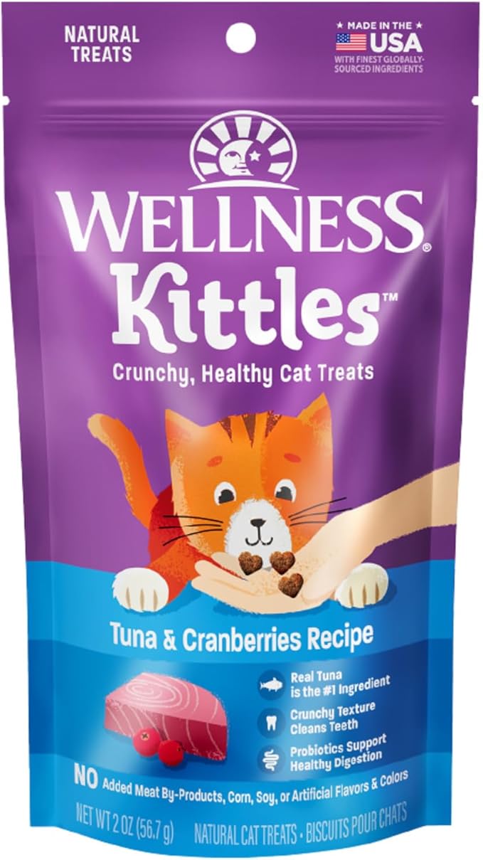 Wellness Kittles Crunchy Natural Grain Free Cat Treats, Tuna & Cranberries Recipe, All Life Stages, 2-Ounce Bag