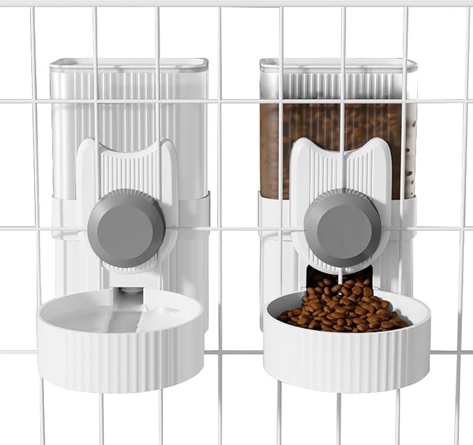 Hanging Cage Automatic Small Pet Food Bowl Water Bottle Dispenser, 1L Auto Gravity Pet Feeder and Waterer Set Kennel Feeding Station Crate Feeder Dish for Rabbit Puppy Cats Ferret (Grey)