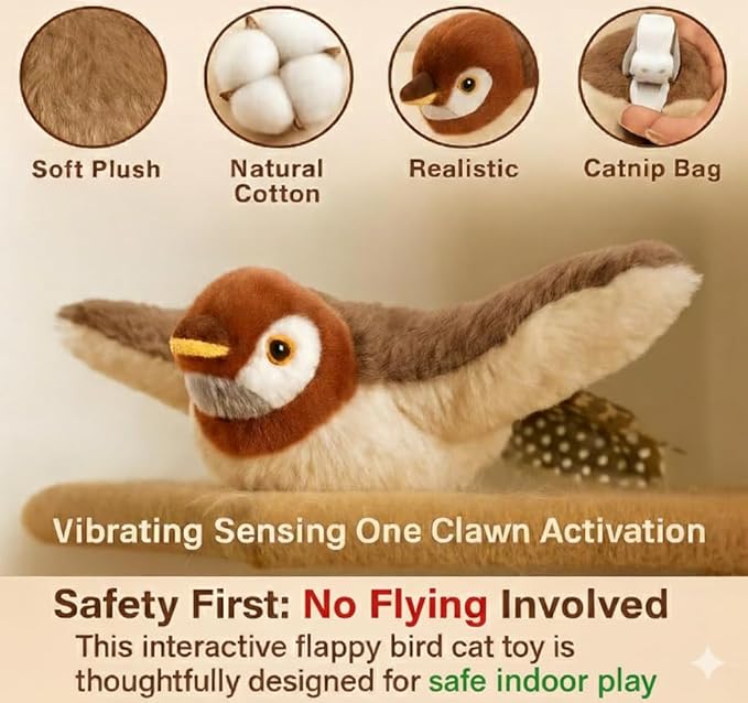 Flappy Bird Cat Toy – Interactive Flapping & Chirping Bird Toy for Cats (No Flying), Indoor Cat Toy for Exercise & Play, Durable Chew Toy, Catnip Toy for Kitten or Small Dogs (Large 9x3")