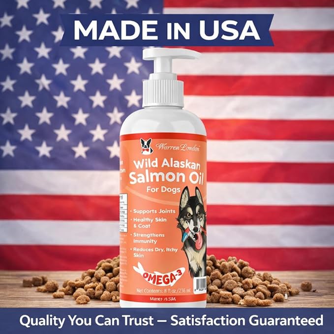 Warren London Wild Alaskan Salmon Oil for Dogs – Omega-3 Fish Oil Food Topper Pump with EPA & DHA for Skin & Coat, Shedding, Joint & Immune Support – Made in USA, 8 oz