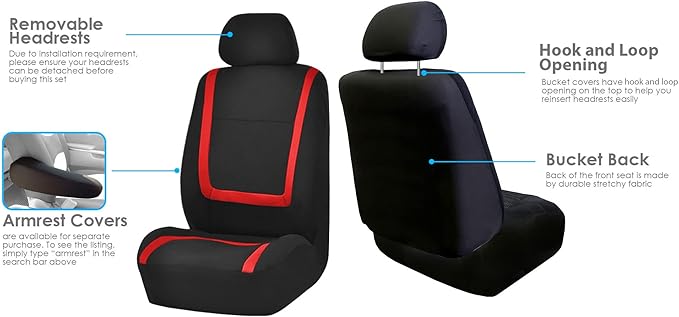 FH Group Car Seat Covers Full Set Cloth - Universal Fit Automotive Seat Covers, Low Back Front Seat Covers, Solid Back Seat Cover, Washable Car Seat Cover for SUV, Sedan and Van Red